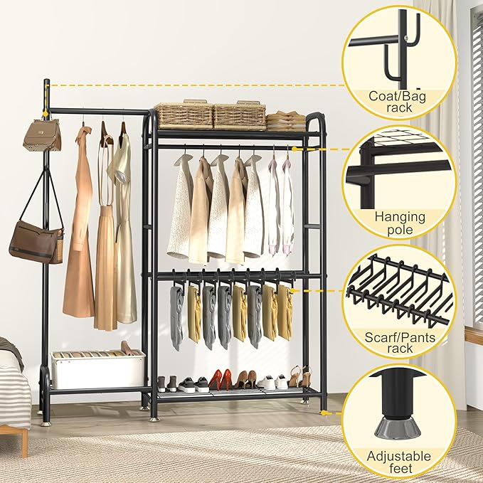 GAIOUS Black Metal Garment Rack for Hanging Clothes, Versatile Portable Clothes Rack with Hang Rods & Shelves & Pants Racks, FreeStanding Closet Wardrobe Organizer for Cloakroom, Bedroom