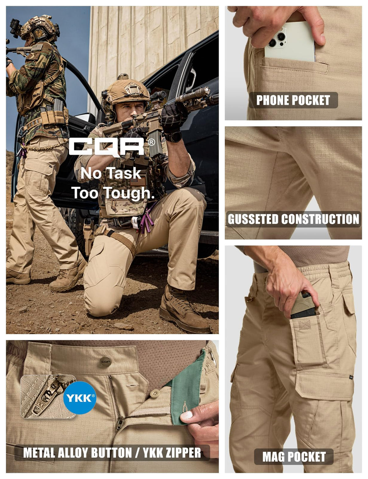 CQR Men's Tactical Pants, Water Resistant Ripstop Cargo Pants, Lightweight EDC Work Hiking Pants, Outdoor Apparel, Duratex Mag Pocket Khaki, 30W x 32L