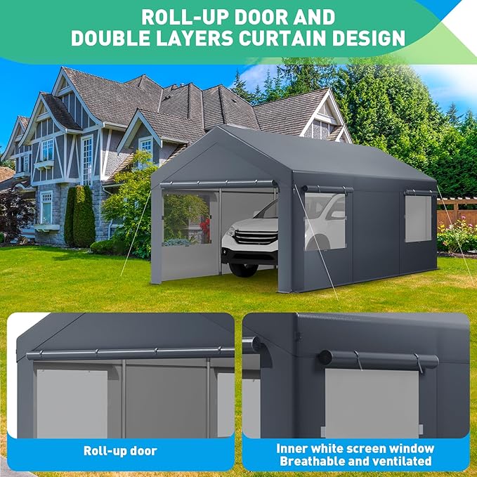 12x20 FT Heavy Duty Carport, Portable Garage with Sidewalls, Roll-up Windows, Carports 10x20 Heavy Duty for Car Boat Truck Motorcycle (Gray)