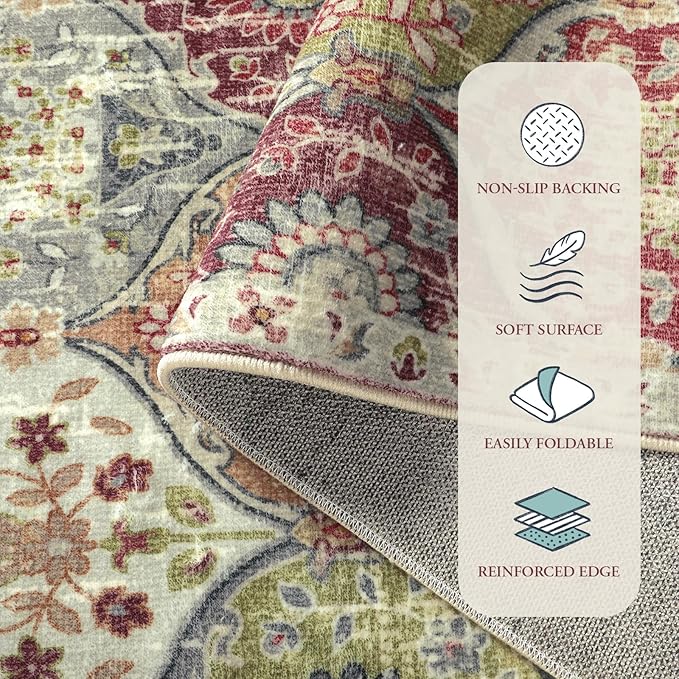 Lahome Moroccan Trellis Round Area Rugs, Washable Small Round Rug 3ft Non-Slip, Soft Vintage Ultra-Thin Circle Carpet for Bedroom Entryway Kitchen Laundry Bathroom, Orange/Terracotta