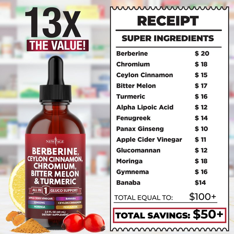 Berberine with Ceylon Cinnamon Supplement Liquid Drops + Bitter Melon Extract, Glucomannan, Gymnema, Chromium, Turmeric, Panax Ginseng, Moringa- 8 OZ