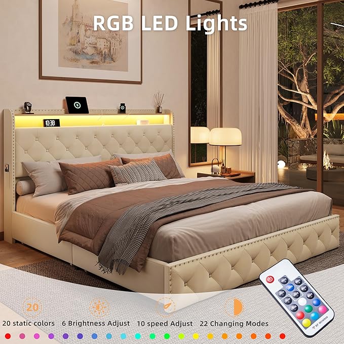 BRELTAM Queen Size Bed Frame with 4 Storage Drawers Platform Bed with Headboard,Upholstered Velve Tufed Bed Frame&LED Light and Charging Station,Heavy Duty Wood Slats,Noise Free,Easy Assembly,Beige