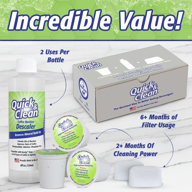 Quick & Clean 4-Pack Cleaning Cups with Descaler and Filters Bundle (2 Total Uses) - 2.0 Compatible, Descaling Solution for Keurig, Nespresso, Ninja, Delonghi, All Coffee and Espresso Machines