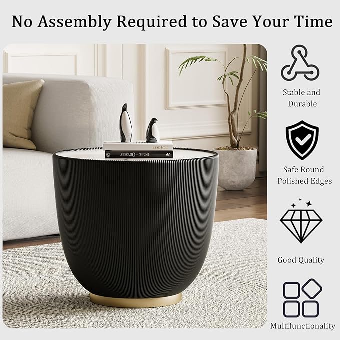 Round Coffee Table Set with Sintered Stone Tabletop, 27.56" Black Drum Center Table and 19.69" Black Coffee Table Set, 2 Pieces Living Room Table Set with Fluted PU Leather Cover& Metal Base