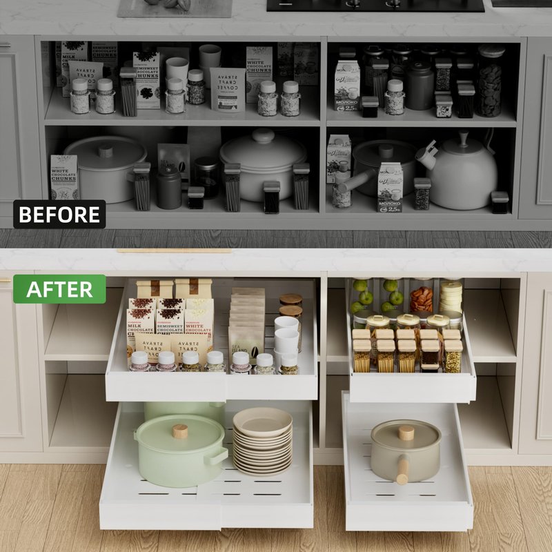 PAKETA 4 Pack Expandable Pull Out Cabinet Organizer, 21'' Deep Pull Out Drawers for Cabinet, Upgrade 3 Slide Rails Sliding Drawers for Cabinets with Adhesive Nano Film (White, 21"D X 9-14"W)