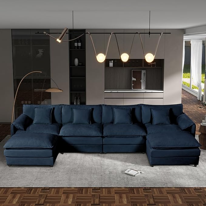 143.31" Oversized Extra Deep Seat Modern Chenille Cloud Couch, Large 4 Seater U Shaped Modular Sofa for Living Room,Bedroom,Apartment,Office(Blue, 143.31 Inch-U Shape)