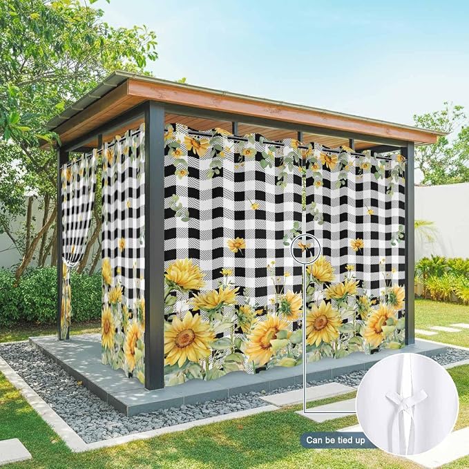 Sunflowers Outdoor Curtains for Patio Summer Floral Eucalyptus Leaf Buffalo