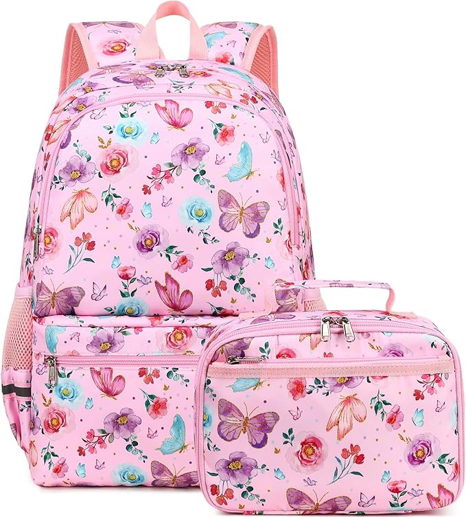 DSIUE Kids Backpack for Girls Elementary BookBags Teens Middle School Backpack with Lunch Box Butterfly Pink