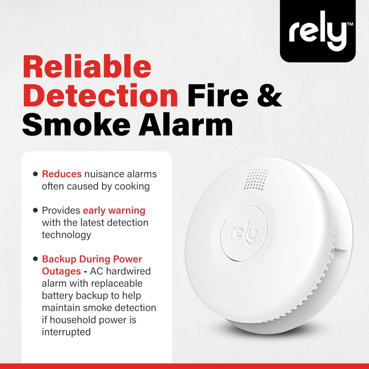 Rely Essentials 5400 Smoke Alarm – Hardwired AC Powered with Battery Backup - Photoelectric Smoke Detector - Interconnect, Easy Install – 1 Pack