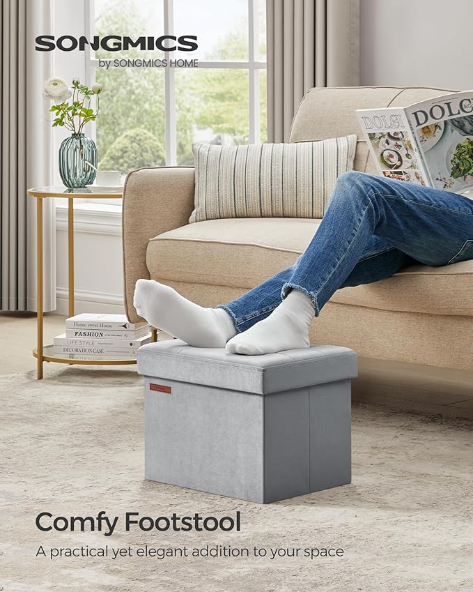 SONGMICS Storage Ottoman, Foldable Small Ottoman Foot Rest, 12.2 x 16.1 Inches Foot Stool, Ottoman with Storage, Load up to 286 lb, for Living Room, Bedroom, Dorm, Dove Gray ULSF200G02