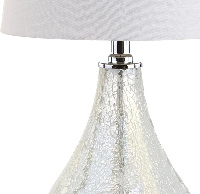 JONATHAN Y 20.5" Mosaic White Coastal Mini LED Table Lamp for Living Room Office, White Linen Drum Shade, Modern Mother of Pearl Bedside Nightstand Lamp, LED Bulb Included (JYL1024B)