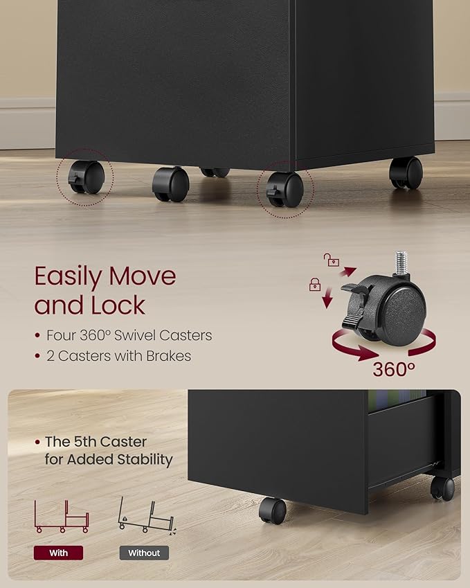 VASAGLE 2-Drawer File Cabinet, Small Rolling Filing Cabinet for Home Office, Printer Stand, for A4, Letter-Size Documents, 15.7 x 16.5 x 27.6 Inches, Ink Black UOFC040B16