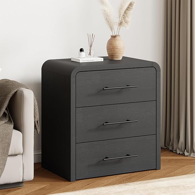 Curved 3-Drawer Nightstand Dresser, 23.6'' Wide Modern Wood Bedside Tables with Long Metal Handles, Large Storage End Tables for Bedroom, Office, Black