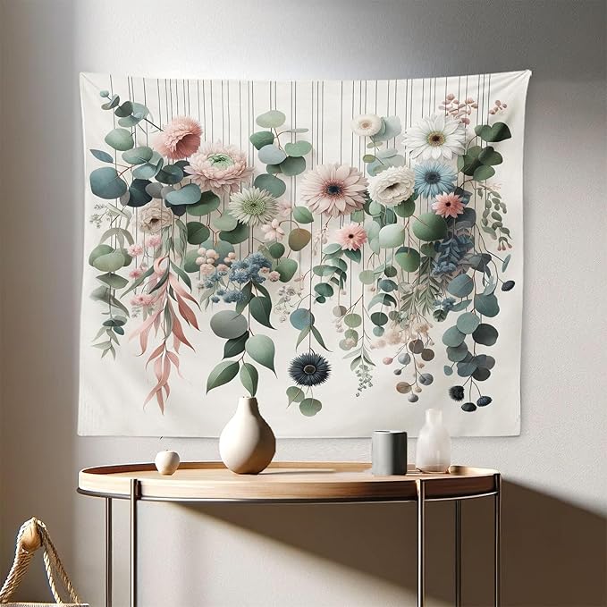 Ambesonne Flower Tapestry, Modern Lines Leafy Eucalyptus Pattern with Tender Sunflower and Peony, Fabric Wall Hanging Decor for Bedroom Living Room Dorm, 28" X 23", Grey Teal Laurel Green