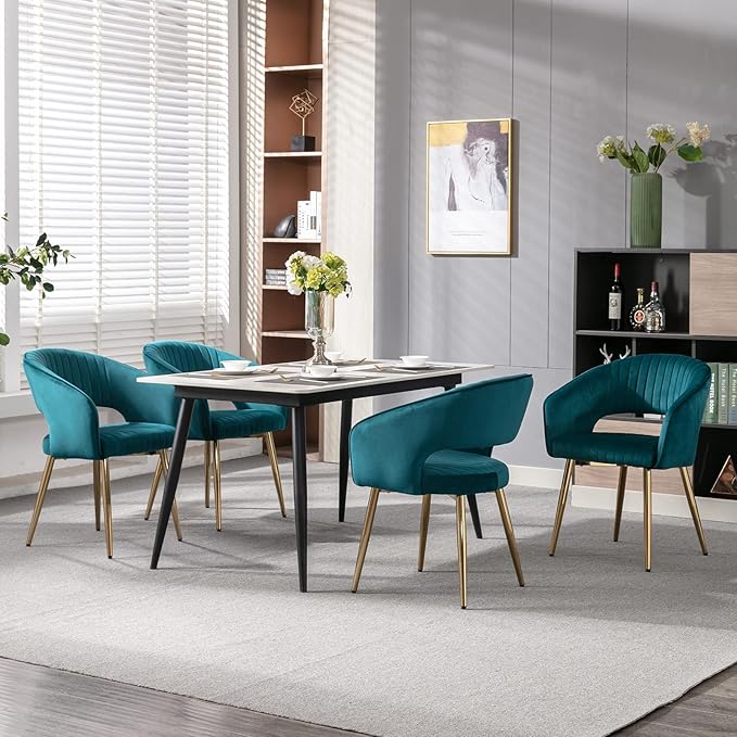 Modern Velvet Dining Chairs Set of 8, Upholstered Gold Dining Chairs with Hollow Back, Dining Room Chairs with Gold Legs, Accent Armrest Kitchen Chairs for Living Room Reception Teal Blue