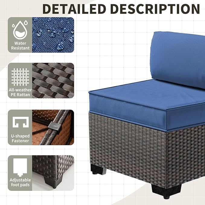 Gotland 10 Pieces Patio Furniture Set with Fire Pit Table, All Weather Rattan Outdoor Furniture with 29.5'' High Backrest 4’’ Thick Cushions Coffee Table, Outdoor Sofa for Deck, Garden, Backyard, Navy