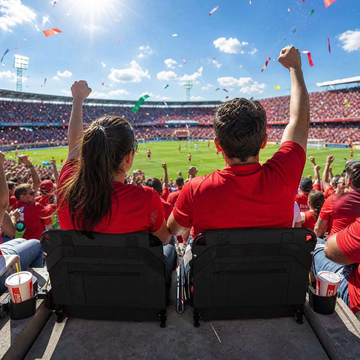 ACIPENSER 2pcs Stadium Seat for Bleachers with Back Support，Portable Bleacher Chairs with Back and Cushion，Includes Shoulder Strap and Cup Holder,Black