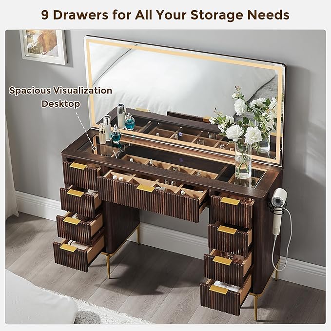 T4TREAM 48" Fluted Makeup Vanity Desk with 48" Large Mirror and HD Lights, Modern Vanity Table with 9 Drawers & Charging Station, Glass Top and Golden Handles Dressing Table for Bedroom,Dark Walnut