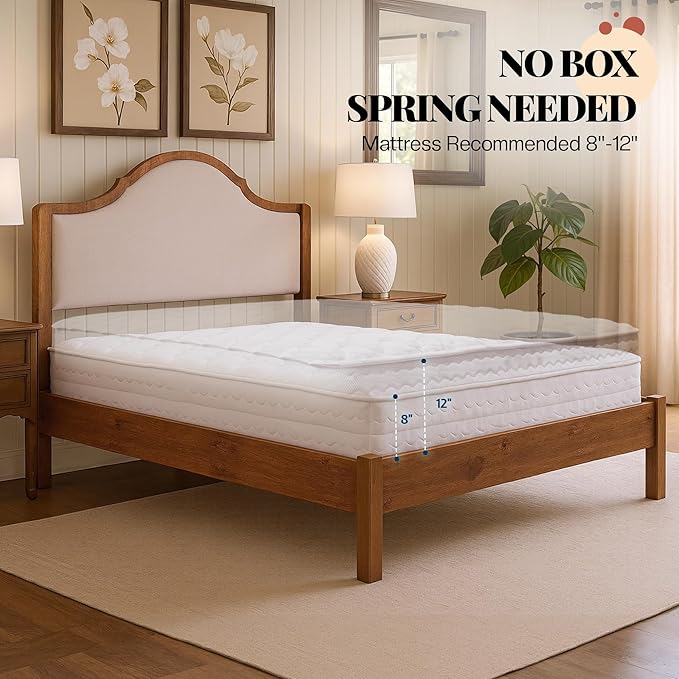 Jocisland Full Size Bed Frame with Tall Upholstered Curved Headboard, Solid Wood Platform Bed, No Box Spring Needed, Wood Slat Support, Easy Assembly, Walnut