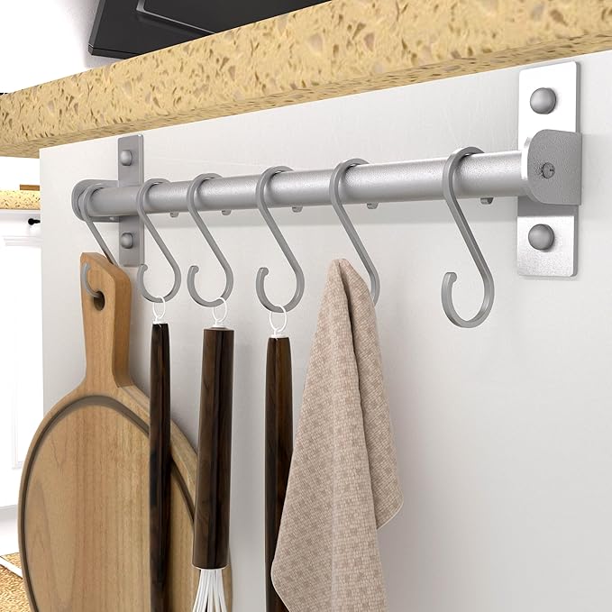 Dseap Kitchen Utensil Holder Hanger, Pot and Pan Rack Wall Mounted, Kitchen Rail with 8 Hooks for Hanging Cooking Utensils, Mugs, Spoons, Wall Mounted, Silver