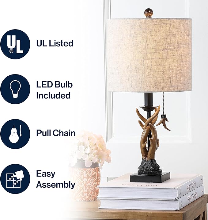 JONATHAN Y 20.5" Brown Rustic Antler Table Lamp for Bedroom Farmhouse Decor, Mini Faux Antler Desk Lamp with Gray Linen Shade, Lodge Cabin Nightstand Lamp, LED Bulb JYL1031A