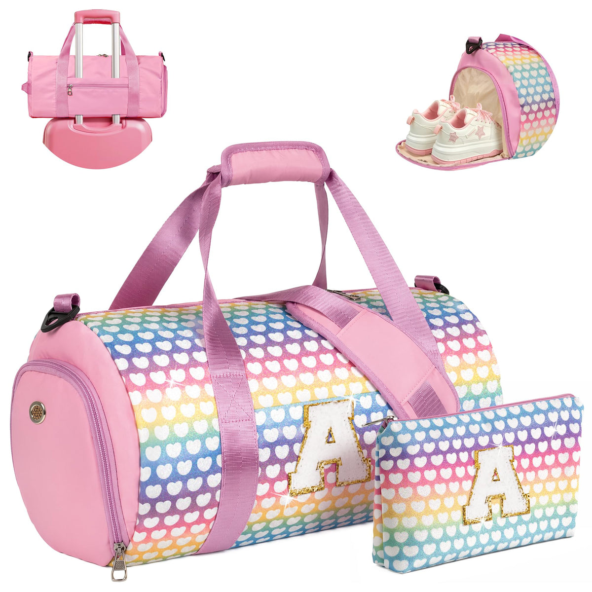 Vogewood Birthday Gift for 3 4 5 6 7 8 9 10 Year Old Girls-Kids Travel Duffle Bag with Makeup Pouch, Customized Girls Gymnastics Bag with Shoe Compartment, Dance Recital Gifts for Girls (Letter A)