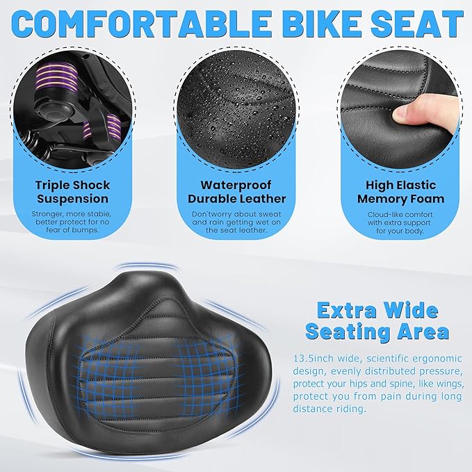 Noseless Oversized Bike Seat for Men Women Comfort, Extra Wide Padded Bicycle Seat Cushion, Large Comfortable Bike Saddle for Peloton, Stationary Exercise Bike, Beach Cruiser, City Bike, Ebike