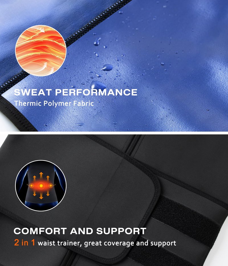 Junlan Sauna Suit for Men 2 in 1 Waist Trainer Sauna Shirt for Men Sweat Band for Stomach(Blue,2X-Large)