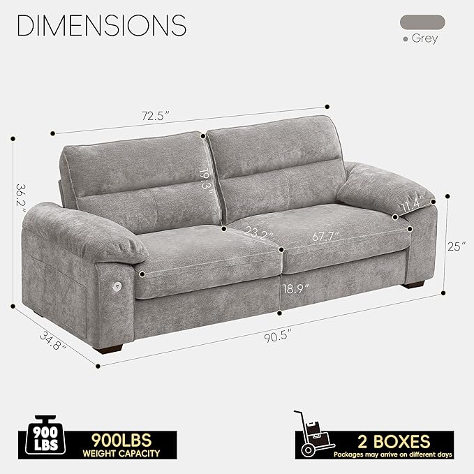 Ihanherry 90" Modern Sofa for Living Room, Deep Seat Chenille Couch with Fast Charging Port & Removable Washable Cushions, Pillow-Armrest Loveseat for Small Space/Apartment, Sturdy Frame, Grey