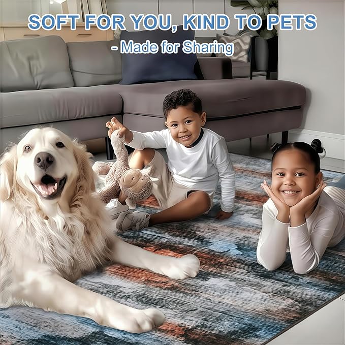 WILLSUN Washable Area Rugs, 3x5 Non-Slip Boho Large Area Rugs for Living Room, Bedroom, Machine Washable Vintage Rug, Indoor Floral Print Carpet for Home Decor, Kid & Pet Friendly Mat