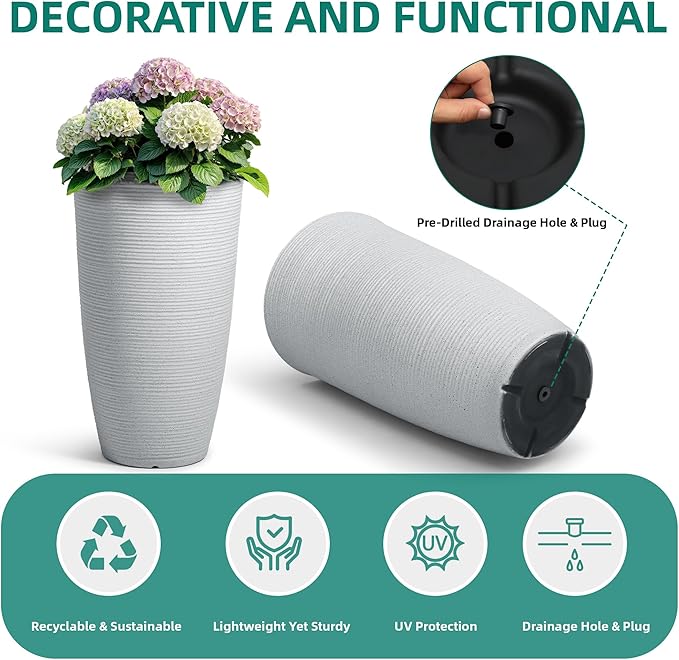 23.5" H Tall Pot Planters, 2-Pack Taper Large Flower Pots for Indoor Outdoor Use, UV-Protect PP Plant Container for Garden Patio Yard Balcony Porch or Home Decor, White Vertical Stripes Texture