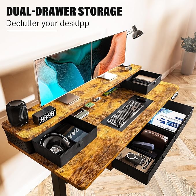 Electric Standing Desk with 4 Drawers 48''x 24'' Adjustable Height Sit to Stand Up Desk with Storage Shelf, C-Clamp Mount Compatible Black Home Office Desks Computer Gaming Table Ergonomic Workstation