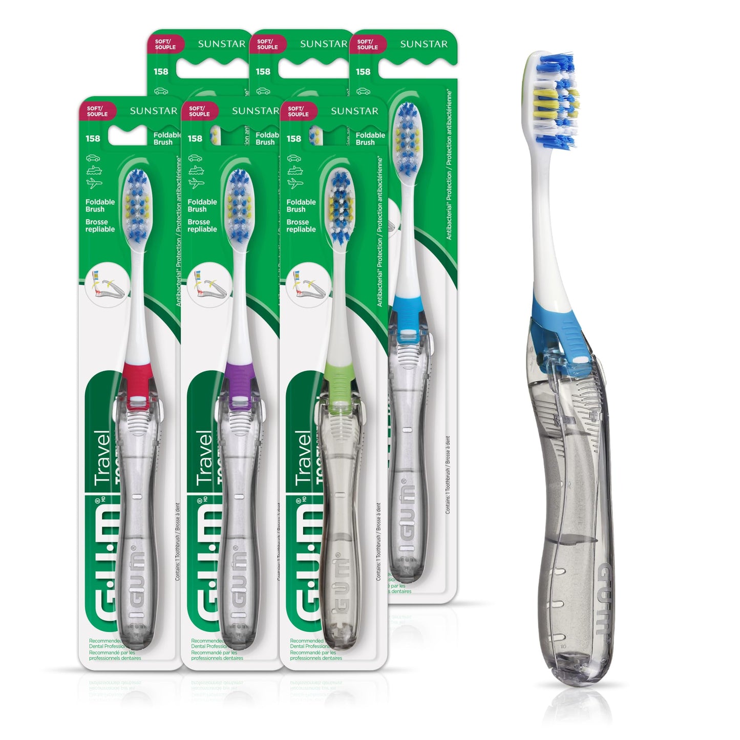 GUM Folding Travel Toothbrush, Compact Head + Tongue Cleaner, Soft Bristled Travel Toothbrushes for Adults, 2ct (Colors may vary)