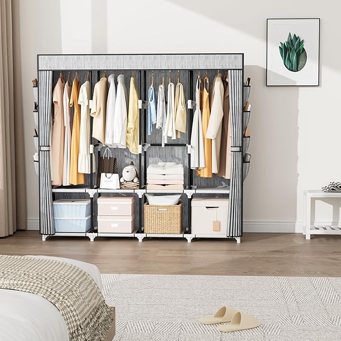 Portable Closet for Hanging Clothes, 67 Inch Wide Portable Wardrobe Closet with Cover, 4 Hanging Rod, Storage Shelves and Side Pockets, Large Free Standing Closet for Bedroom, Printing