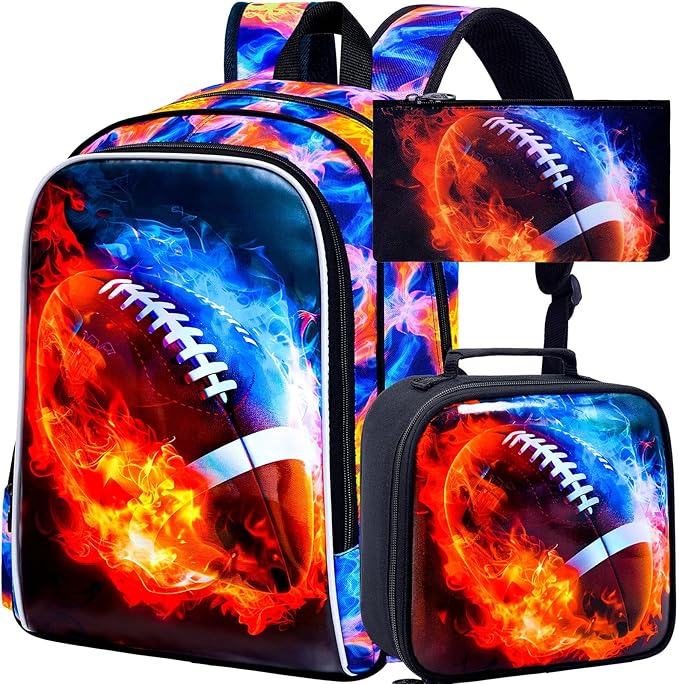 KLFVB 3PCS Kids Bookbag, 17" Boys Backpack and Lunch Box, Water Resistant Teenagers School Bag for Middle Elementary - Flame Rugby