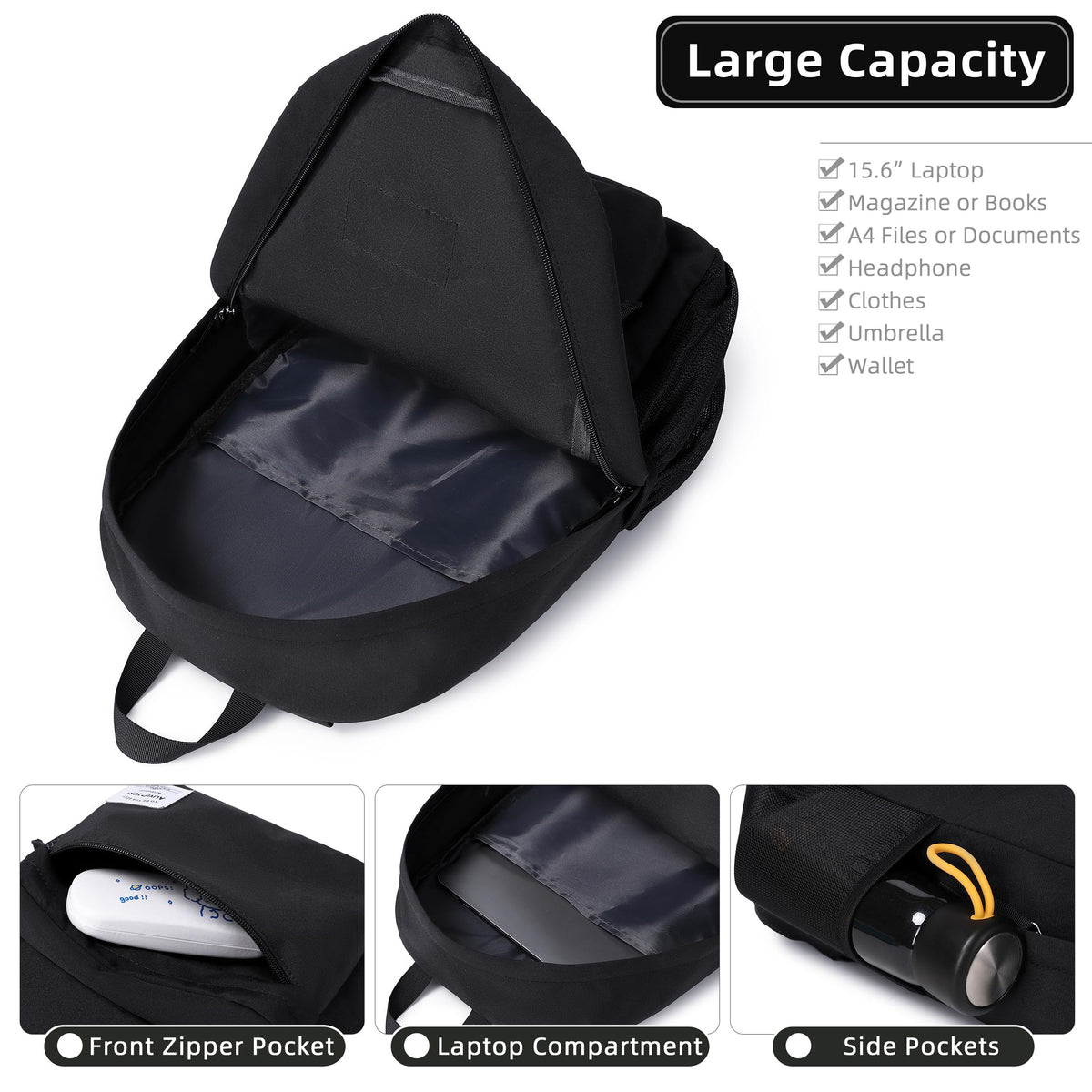 Backpack for Women Men 17 Inch Laptop Back Pack Large College Bookbag Kids Elementary Middle High School Bag for Girls Boys Teens Students Lightweight Travel Work Backpacks Casual Daypack Black