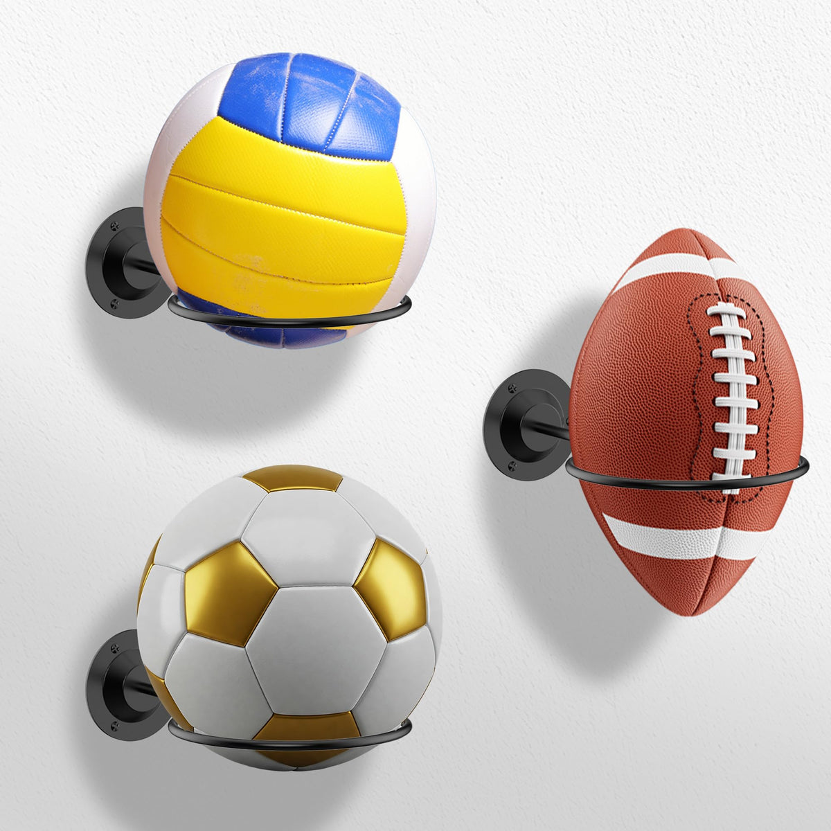 S SUCHEK Basketball Holder Wall Mount, Ball Holder Wall Mount, Ball Display Wall Storage for Basketball, Soccer Ball, Volleyball, Football, Rugby(4 Pieces, Black)