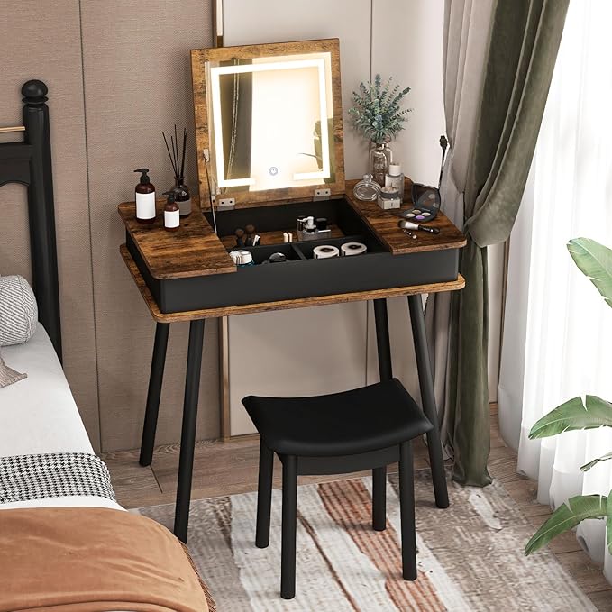 CHARMAID Vanity Desk with 3-Color Lighted Flip Top Mirror, 7 Storage Compartments, Side Organizers, USB Port, Makeup Dressing Table Set Writing Desk with Cushioned Stool, Easy Assembly, Rustic Brown