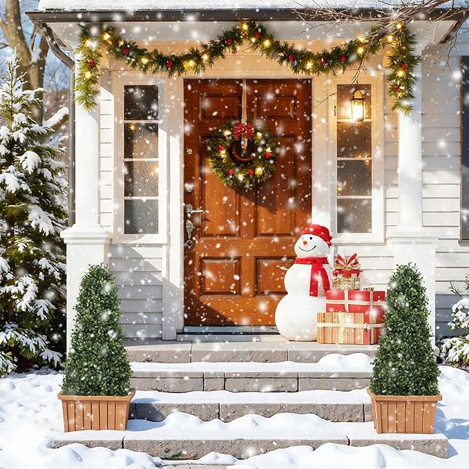 3ft Artificial Boxwood Topiary Trees (Set of 2) - UV Resistant Faux Plants Outdoor, Realistic 36" Fake Cone Bushes and Shrubs for Front Porch, Planter, Patio - Low Maintenance & Evergreen