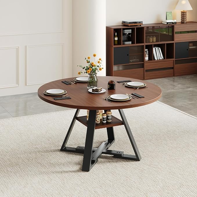 Walnut Round Dining Table Set for 4, Mid-Century Modern Kitchen Table and Chairs, Small Space Dining Room Furniture for Apartment, Breakfast Nook or Studio (Boxwood-1 Storage Table)