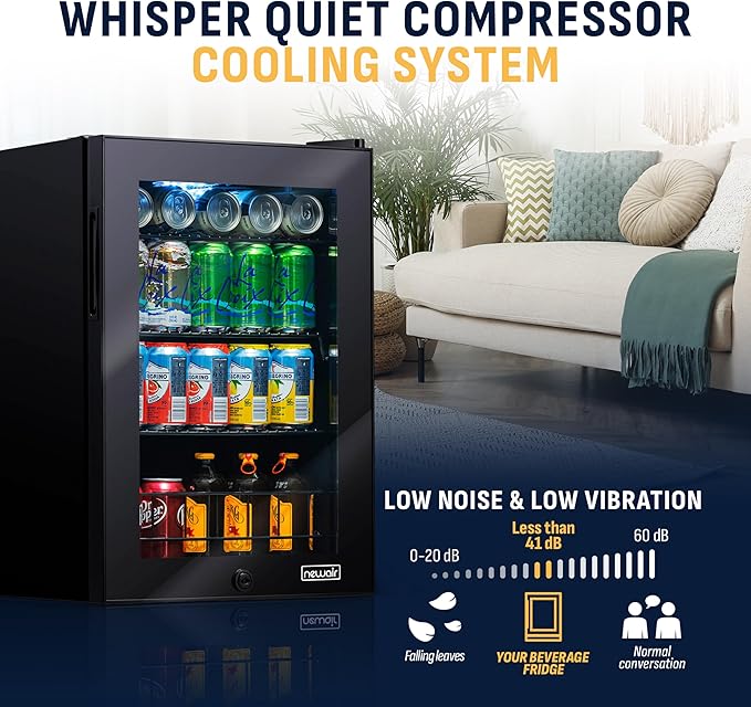 NewAir 90 Can Beverage Refrigerator | Freestanding Small Mini Fridge for Bedroom, Home Bar or Office | Adjustable Shelves, Quiet Cooling & Locking Door | Black