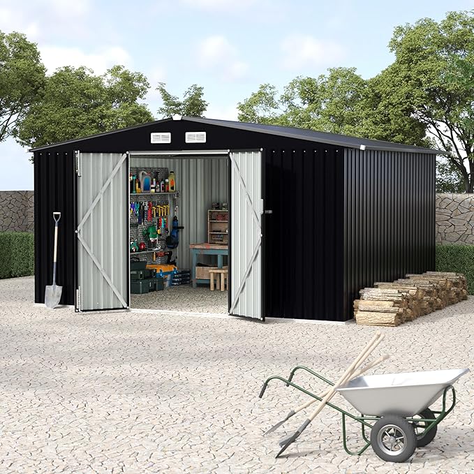 8x10 FT Metal Storage Sheds Outdoor with Floor, Metal Yard Sheds Garden Shed Kit, MetalTool Shed with Lockable Door, Metals UtilitySheds Buildings with Air Vent for Backyard Garden Patio Lawn