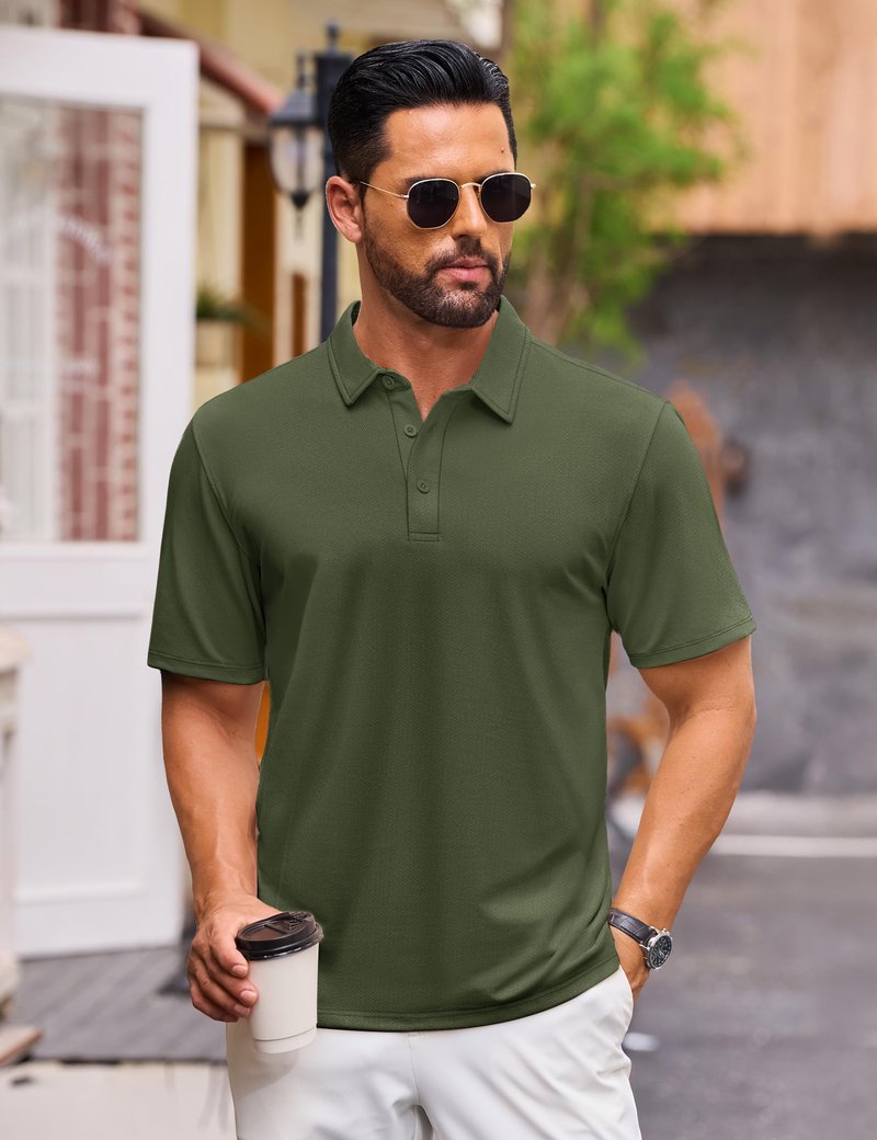 Cotrasen Polo Shirts for Men Cotton Short Sleeve 3 Buttons Classic Fit Casual Performance Soft Cooling Golf Tee Shirts Army Green XL