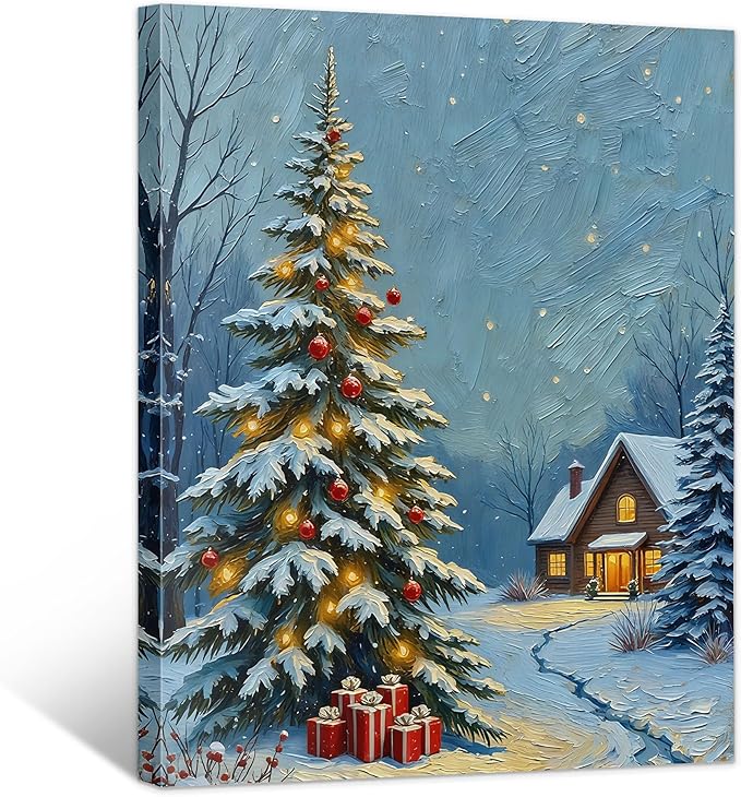 Framed Christmas Pictures Wall Decor,Vintage Pine Tree Prints,Winter Christmas Canvas Wall Art Decoration for Bedroom Bathroom Living Room Rustic Xmas Holiday Gifts (Christmas Tree 20, 12'' X 16'')