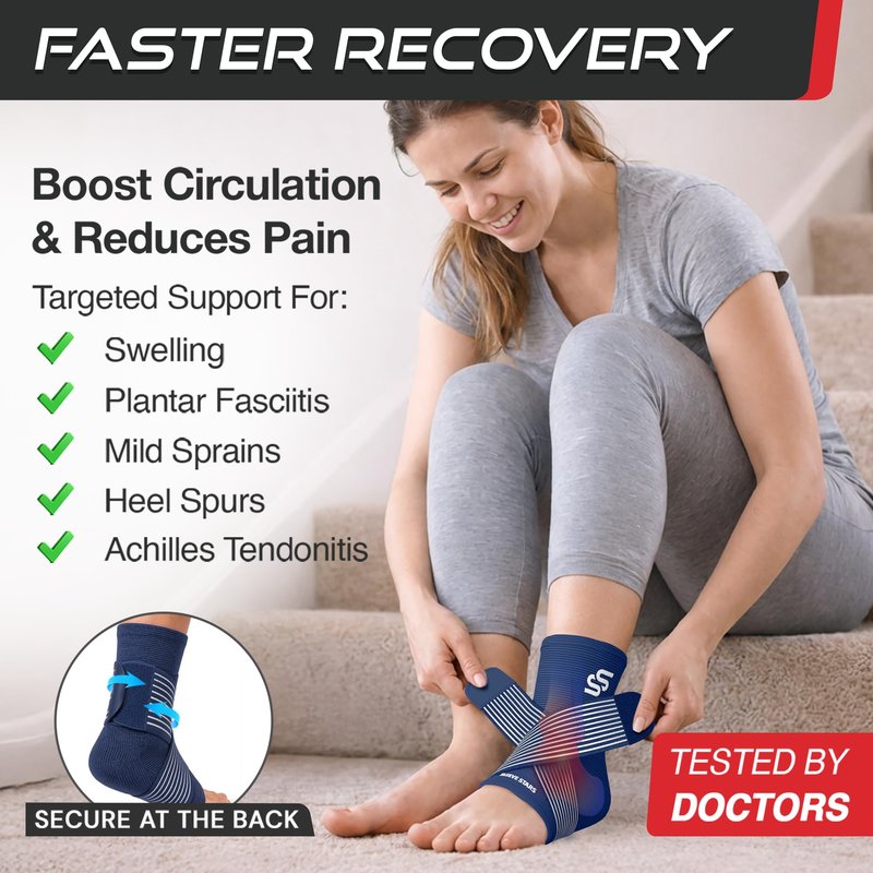 Sleeve Stars Ankle Brace for Women & Men, Ankle Wrap for Sprain, Compression Sleeve for Plantar Fasciitis Relief, Easy Customizable Support: w/ Removable Strap (Single/M:10"-12"/Navy Blue)
