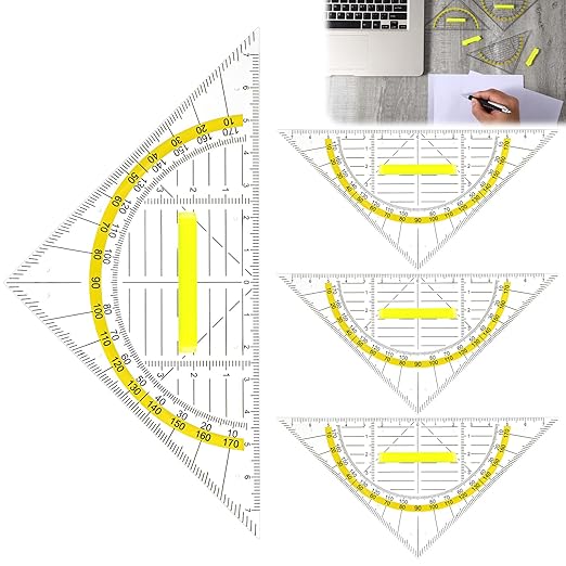 Multifunctional Triangle Ruler with Handle, 4 PCS Transparent Set Square with Protractor Plastic Triangle Ruler Set Drafting Triangles for Designers Architectors Engineers Geometry Drawing Tools