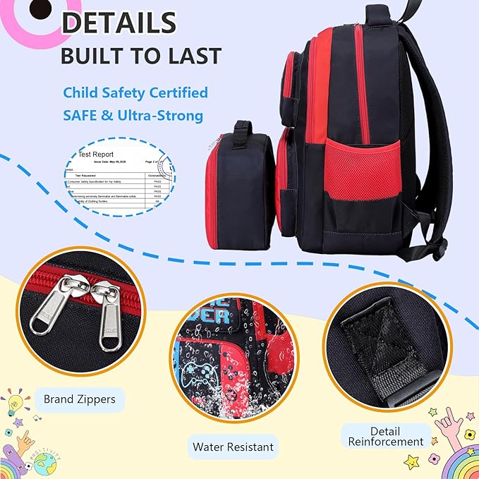 Kids Backpack Boys Gamer Backpack with Lunch Box Kindergarten Elementary Middle School Travel Sport Gaming Bookbag for Boys Girls Ages 4-14, Gamer Blue Red