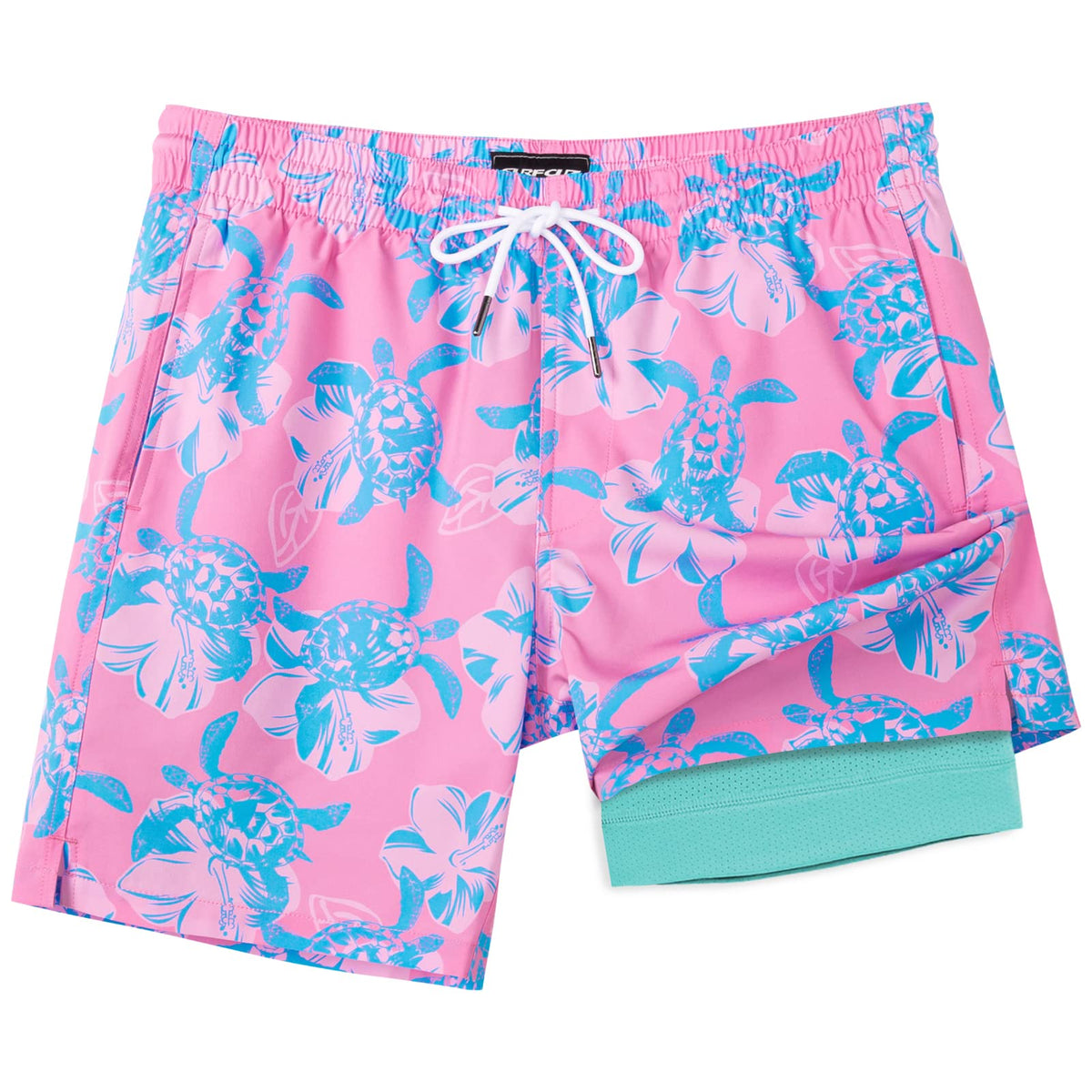 SURF CUZ Mens Swim Trunks with Compression Liner Quick Dry Swim Shorts 7" Swimming Trunks Stretch Zipper Pockets Pink Blue Turtles X-Large