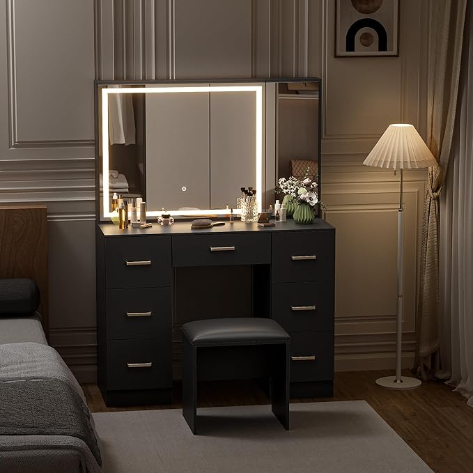 Black Vanity Desk with Mirror and Lights, Makeup Table with 44.8" Oversized Vanity Mirror Dressing Table Set with Stool, 7 Drawers and Storage Cabinet for Bedroom Dressing Room