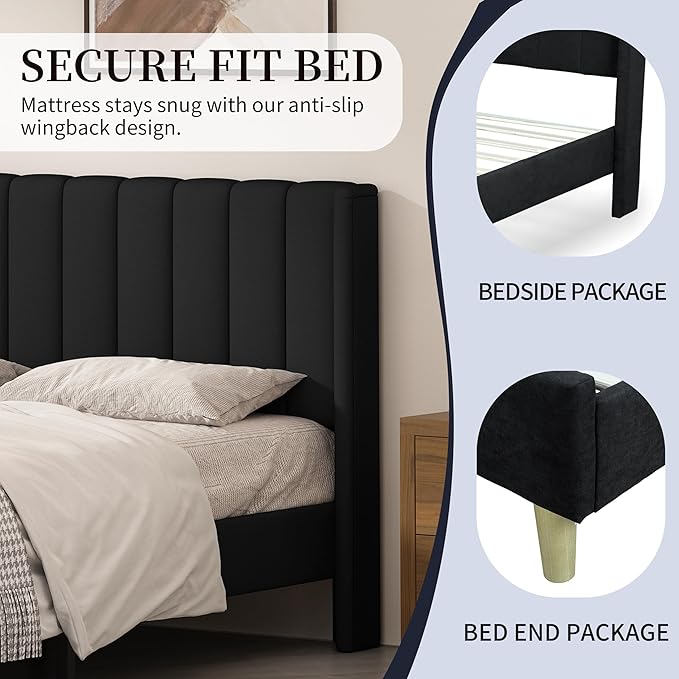 King Size Upholstered Platform Bed Frame with Modern Wingback & Vertical Panel Headboard, Linen Fabric, Wooden Legs & Slats Support, No Box Spring Needed, Noise-Free & Easy Assembly, Black